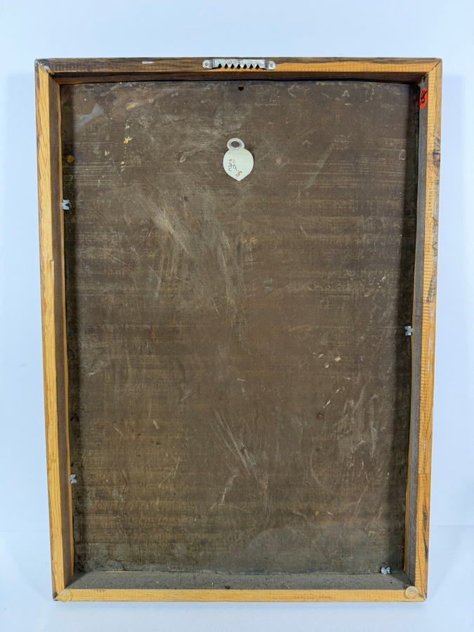 Antique 19th Century Original Mexican Retablo Painting On Tin Of The Holy Family Featuring The Virgin Mary And Saint Joseph Holding The Hands Of The Christ Child Beneath A Dove Representing The Holy Spirit 13.5 X 19.5 Framed 15 X 21.5 [Photo 14]