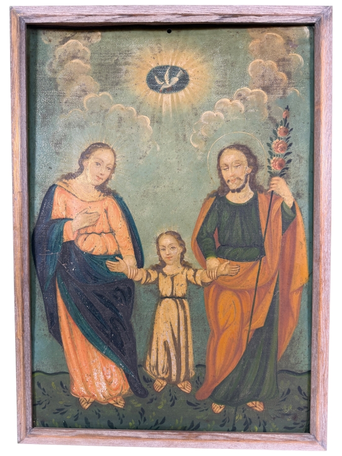 Antique 19th Century Original Mexican Retablo Painting On Tin Of The Holy Family Featuring The Virgin Mary And Saint Joseph Holding The Hands Of The Christ Child Beneath A Dove Representing The Holy Spirit 13.5 X 19.5 Framed 15 X 21.5