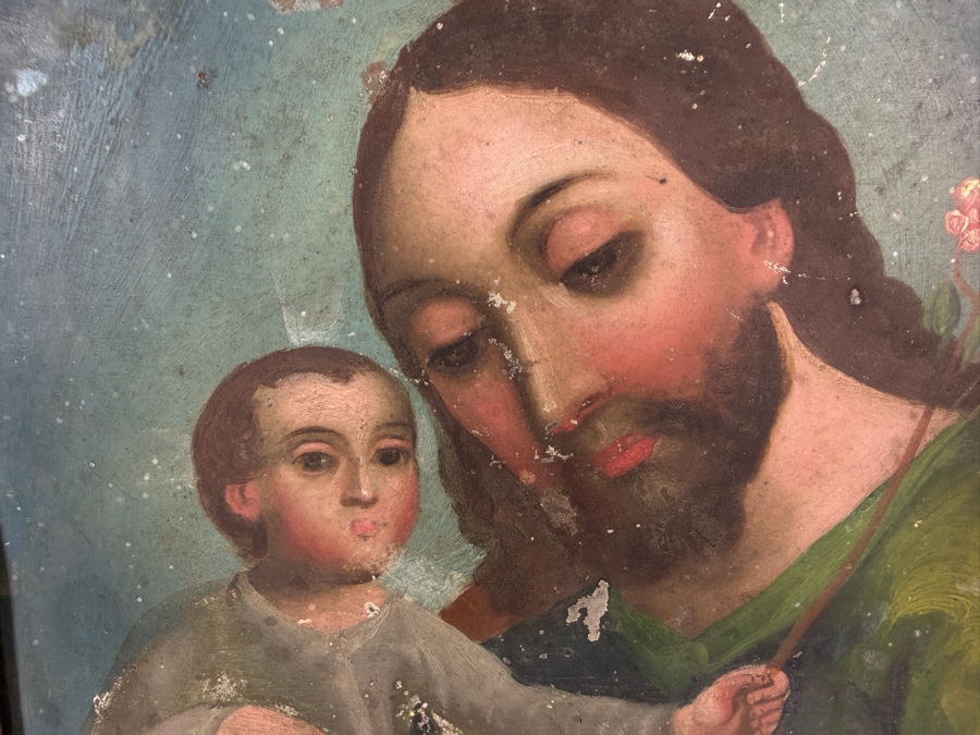 Antique 19th Century Original Mexican Retablo Painting On Tin Depicting Saint Joseph Holding The Christ Child 9.25 X 12.5 Framed 13 X 15.75 [Photo 4]