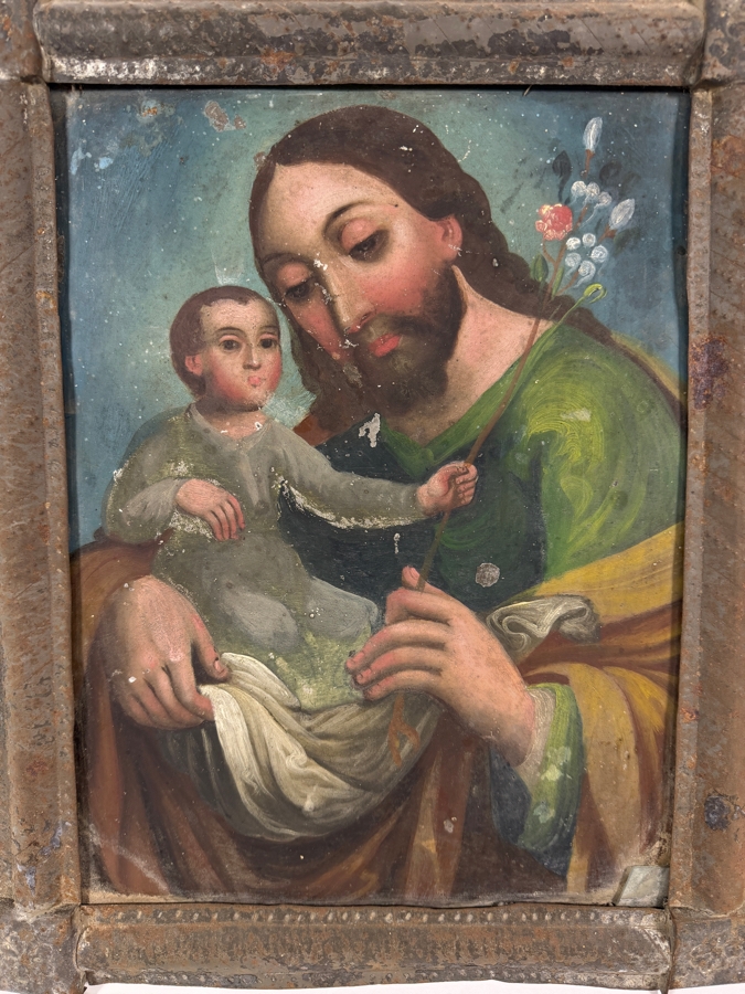 Antique 19th Century Original Mexican Retablo Painting On Tin Depicting Saint Joseph Holding The Christ Child 9.25 X 12.5 Framed 13 X 15.75 [Photo 2]