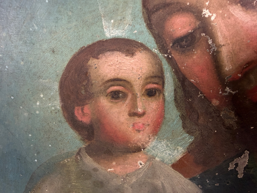 Antique 19th Century Original Mexican Retablo Painting On Tin Depicting Saint Joseph Holding The Christ Child 9.25 X 12.5 Framed 13 X 15.75 [Photo 5]
