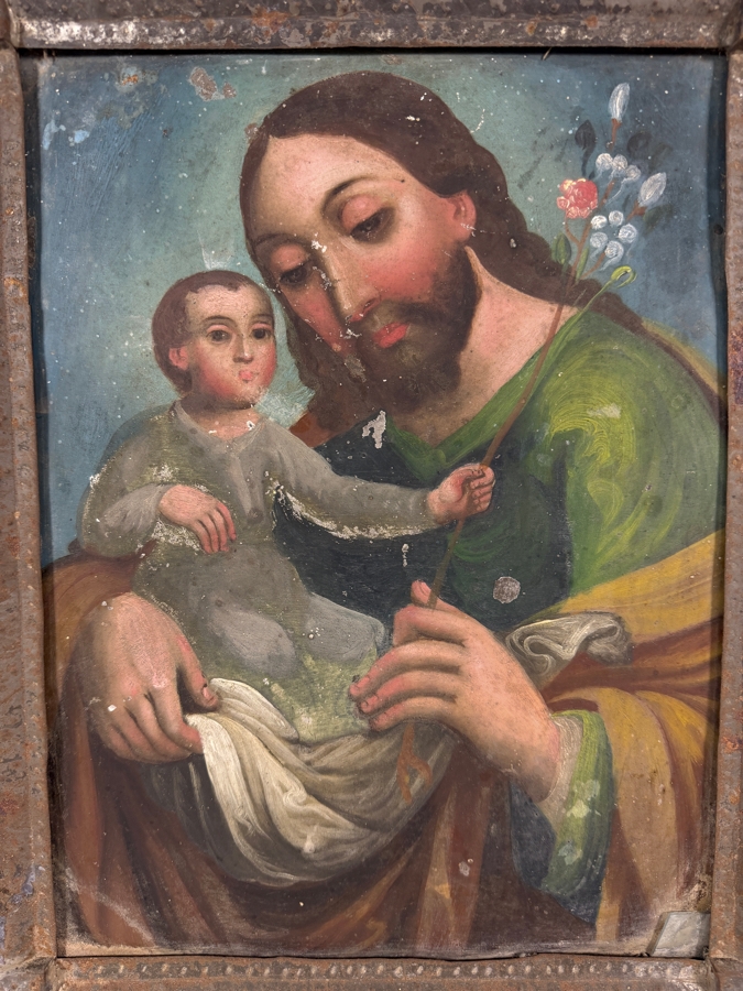 Antique 19th Century Original Mexican Retablo Painting On Tin Depicting Saint Joseph Holding The Christ Child 9.25 X 12.5 Framed 13 X 15.75 [Photo 3]