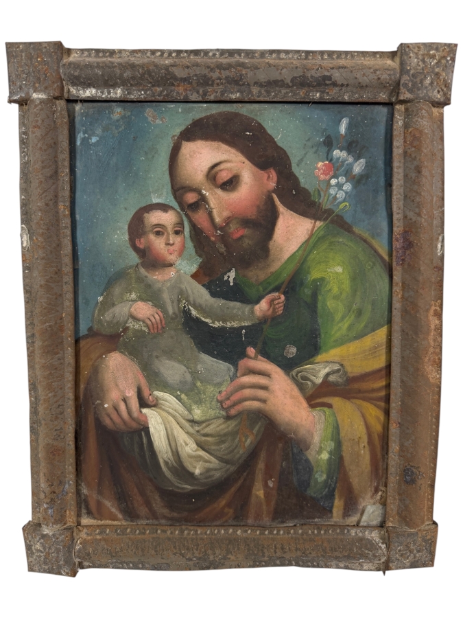 Antique 19th Century Original Mexican Retablo Painting On Tin Depicting Saint Joseph Holding The Christ Child 9.25 X 12.5 Framed 13 X 15.75