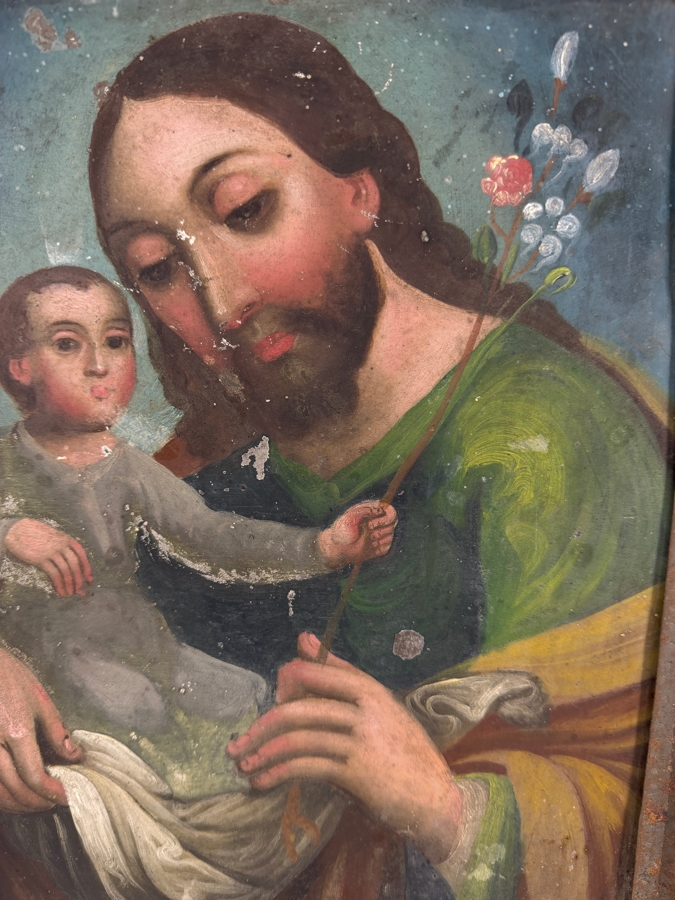 Antique 19th Century Original Mexican Retablo Painting On Tin Depicting Saint Joseph Holding The Christ Child 9.25 X 12.5 Framed 13 X 15.75 [Photo 6]