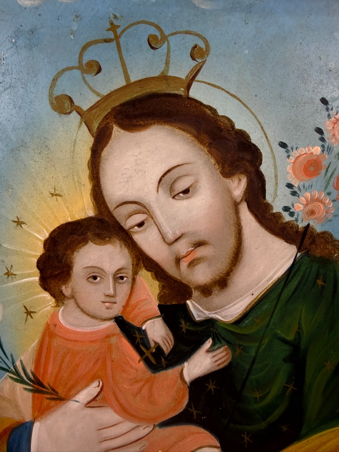 Antique 19th Century Original Mexican Retablo Painting On Tin Depicting Saint Joseph Holding The Christ Child 10 X 14 Framed [Photo 3]
