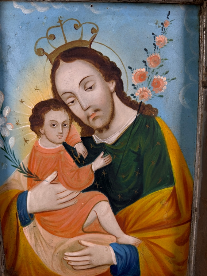 Antique 19th Century Original Mexican Retablo Painting On Tin Depicting Saint Joseph Holding The Christ Child 10 X 14 Framed [Photo 2]