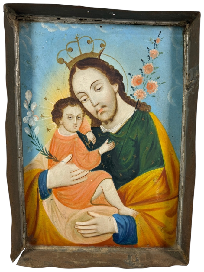 Antique 19th Century Original Mexican Retablo Painting On Tin Depicting Saint Joseph Holding The Christ Child 10 X 14 Framed
