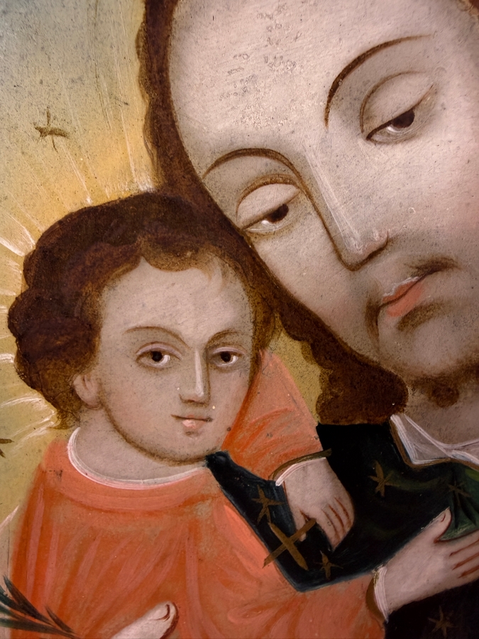 Antique 19th Century Original Mexican Retablo Painting On Tin Depicting Saint Joseph Holding The Christ Child 10 X 14 Framed [Photo 4]