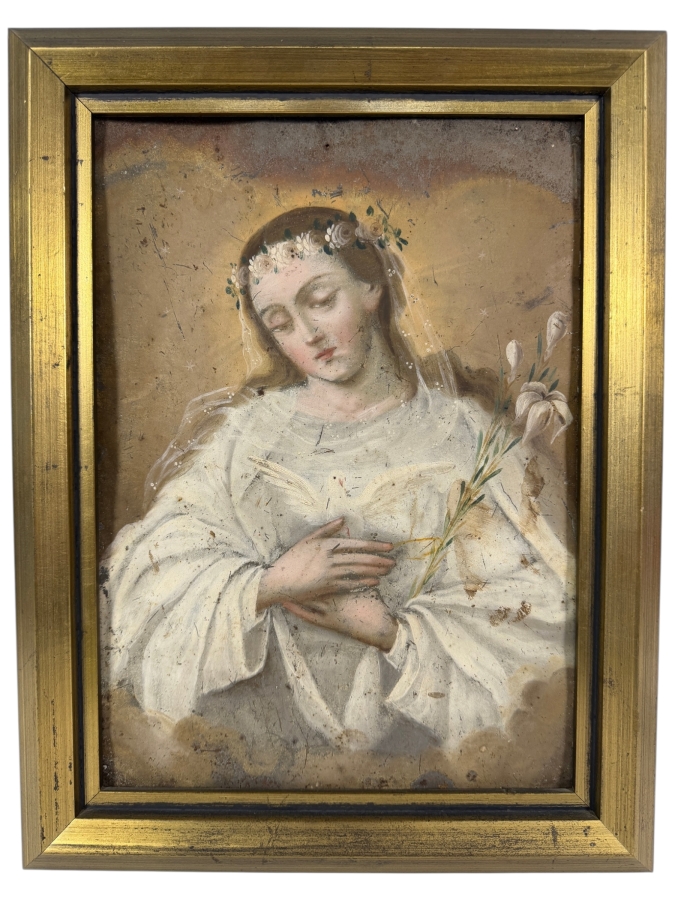 Antique 19th Century Original Mexican Retablo Painting On Tin Portrait Of Saint Maria Goretti 10 X 13.5 Framed 12.75 X 16.75
