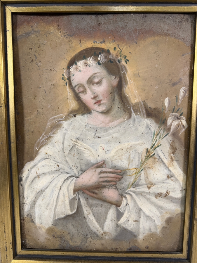 Antique 19th Century Original Mexican Retablo Painting On Tin Portrait Of Saint Maria Goretti 10 X 13.5 Framed 12.75 X 16.75 [Photo 2]