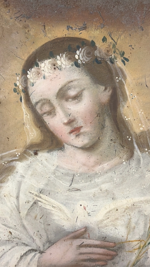 Antique 19th Century Original Mexican Retablo Painting On Tin Portrait Of Saint Maria Goretti 10 X 13.5 Framed 12.75 X 16.75 [Photo 3]