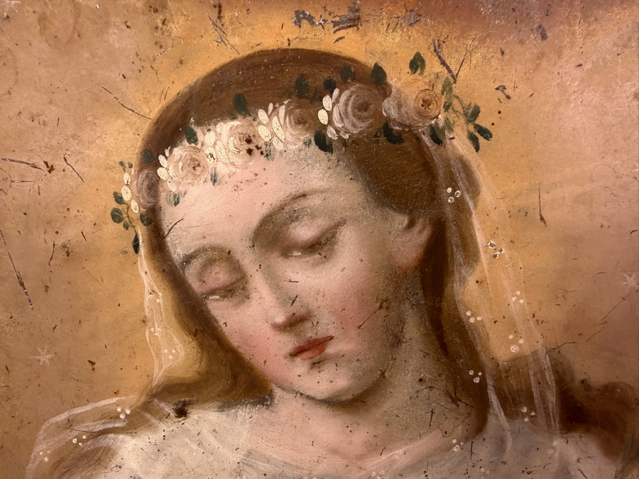 Antique 19th Century Original Mexican Retablo Painting On Tin Portrait Of Saint Maria Goretti 10 X 13.5 Framed 12.75 X 16.75 [Photo 6]