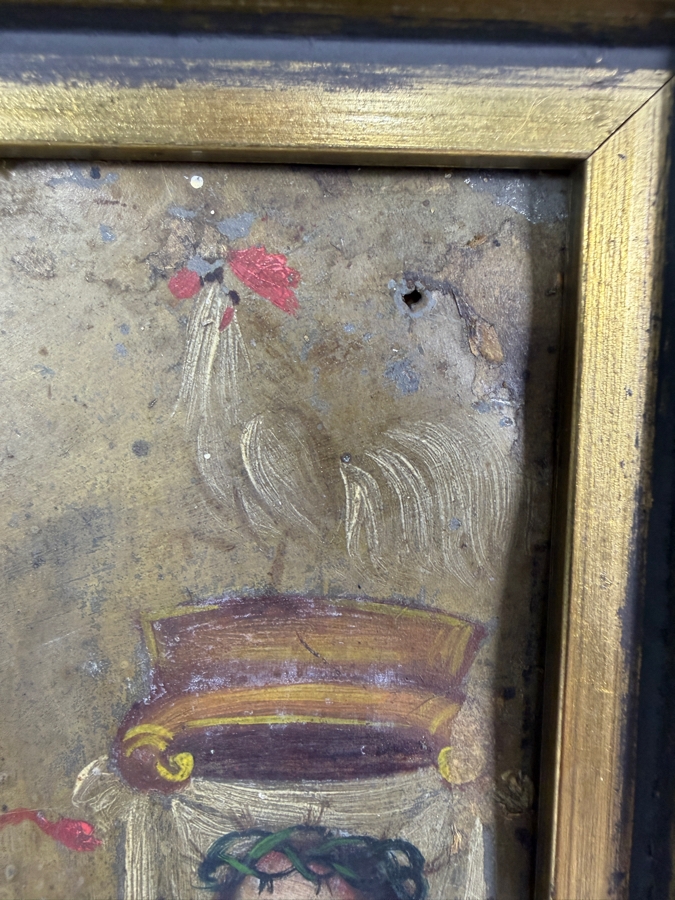 Antique 19th Century Original Mexican Retablo Painting On Tin Showing The Virgin Mary, Our Lady Of Sorrows And Instruments Of Passion On The Right 10 X 13.5 Framed 12.75 X 16.75 [Photo 8]