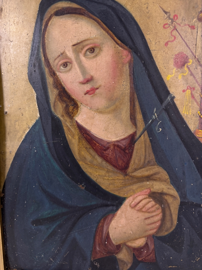 Antique 19th Century Original Mexican Retablo Painting On Tin Showing The Virgin Mary, Our Lady Of Sorrows And Instruments Of Passion On The Right 10 X 13.5 Framed 12.75 X 16.75 [Photo 3]
