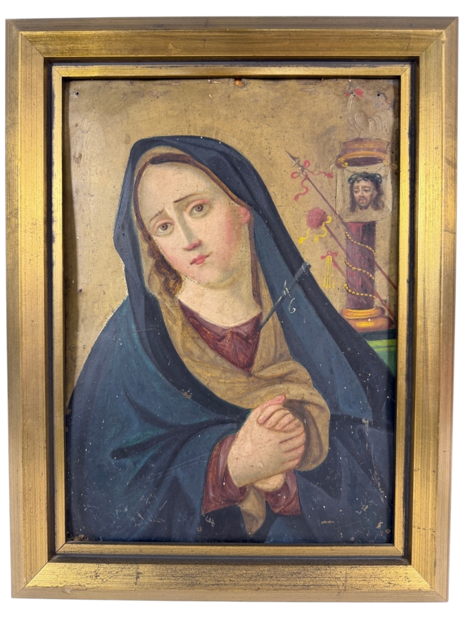 Antique 19th Century Original Mexican Retablo Painting On Tin Showing The Virgin Mary, Our Lady Of Sorrows And Instruments Of Passion On The Right 10 X 13.5 Framed 12.75 X 16.75