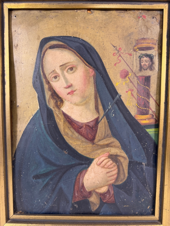 Antique 19th Century Original Mexican Retablo Painting On Tin Showing The Virgin Mary, Our Lady Of Sorrows And Instruments Of Passion On The Right 10 X 13.5 Framed 12.75 X 16.75 [Photo 2]
