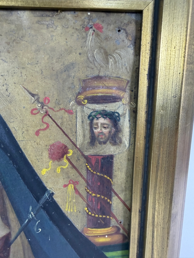 Antique 19th Century Original Mexican Retablo Painting On Tin Showing The Virgin Mary, Our Lady Of Sorrows And Instruments Of Passion On The Right 10 X 13.5 Framed 12.75 X 16.75 [Photo 5]