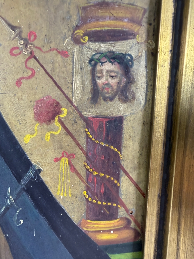 Antique 19th Century Original Mexican Retablo Painting On Tin Showing The Virgin Mary, Our Lady Of Sorrows And Instruments Of Passion On The Right 10 X 13.5 Framed 12.75 X 16.75 [Photo 6]