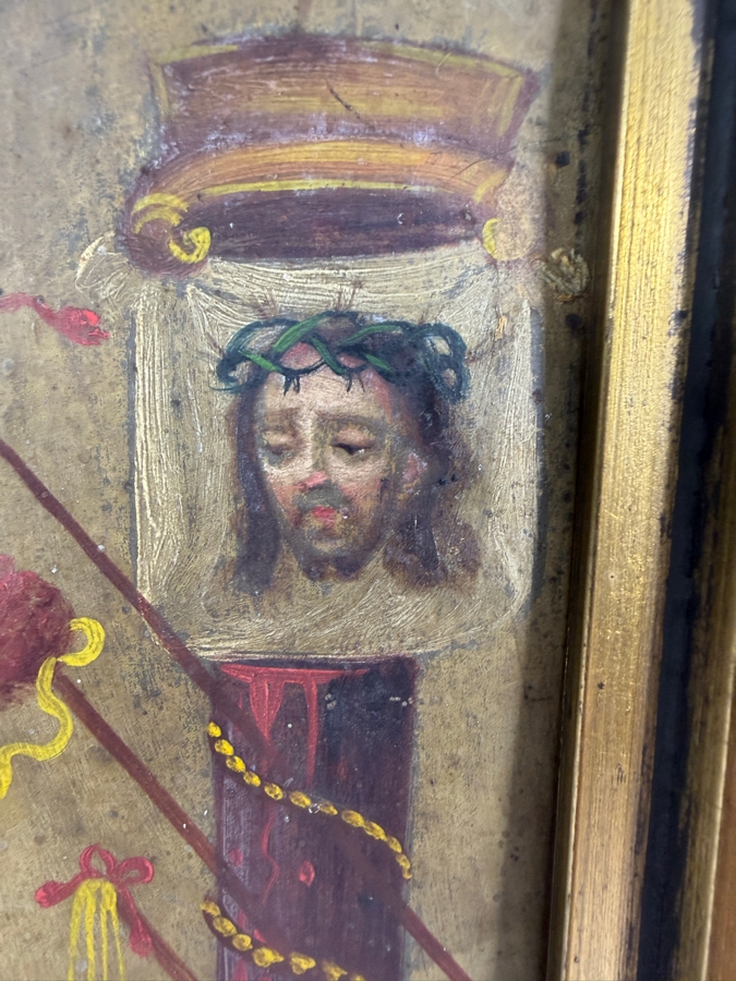 Antique 19th Century Original Mexican Retablo Painting On Tin Showing The Virgin Mary, Our Lady Of Sorrows And Instruments Of Passion On The Right 10 X 13.5 Framed 12.75 X 16.75 [Photo 7]