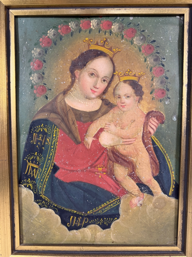 Antique 19th Century Original Mexican Retablo Painting On Tin Showing The Virgin Mary, Our Lady Of Refuge With The Christ Child 9.5 X 13.5 Framed 12.5 X 16.75 [Photo 2]