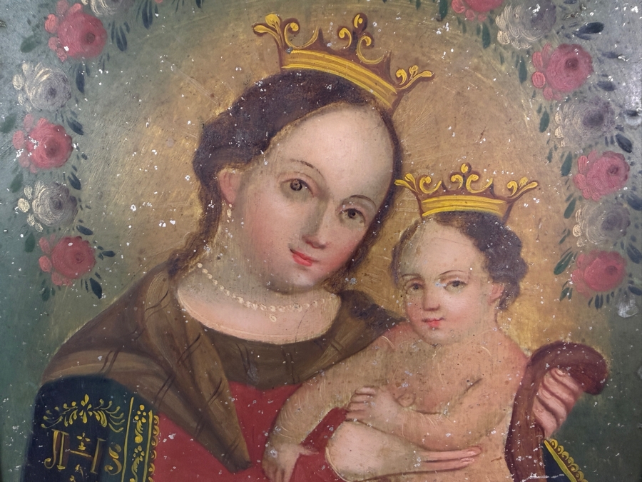 Antique 19th Century Original Mexican Retablo Painting On Tin Showing The Virgin Mary, Our Lady Of Refuge With The Christ Child 9.5 X 13.5 Framed 12.5 X 16.75 [Photo 4]