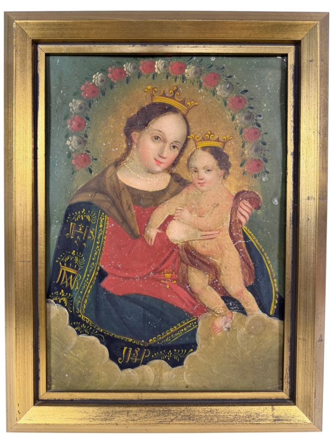 Antique 19th Century Original Mexican Retablo Painting On Tin Showing The Virgin Mary, Our Lady Of Refuge With The Christ Child 9.5 X 13.5 Framed 12.5 X 16.75