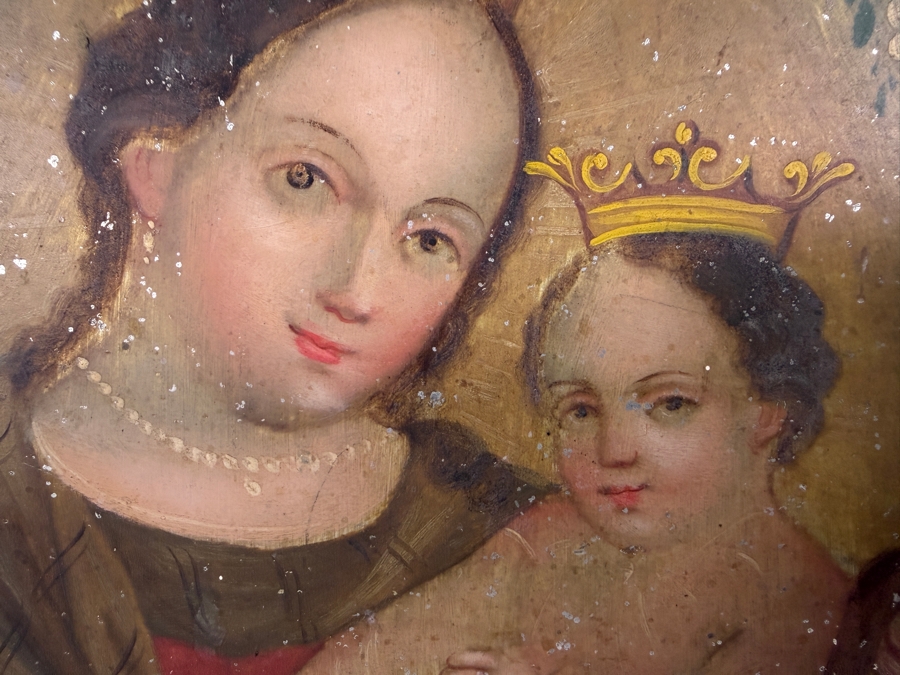 Antique 19th Century Original Mexican Retablo Painting On Tin Showing The Virgin Mary, Our Lady Of Refuge With The Christ Child 9.5 X 13.5 Framed 12.5 X 16.75 [Photo 5]