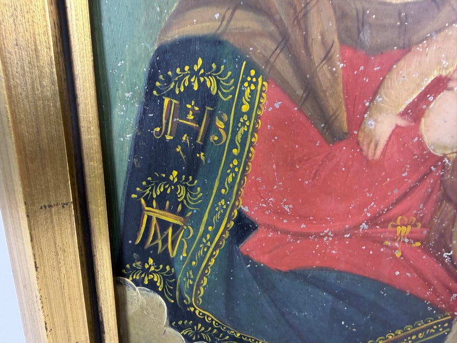 Antique 19th Century Original Mexican Retablo Painting On Tin Showing The Virgin Mary, Our Lady Of Refuge With The Christ Child 9.5 X 13.5 Framed 12.5 X 16.75 [Photo 6]