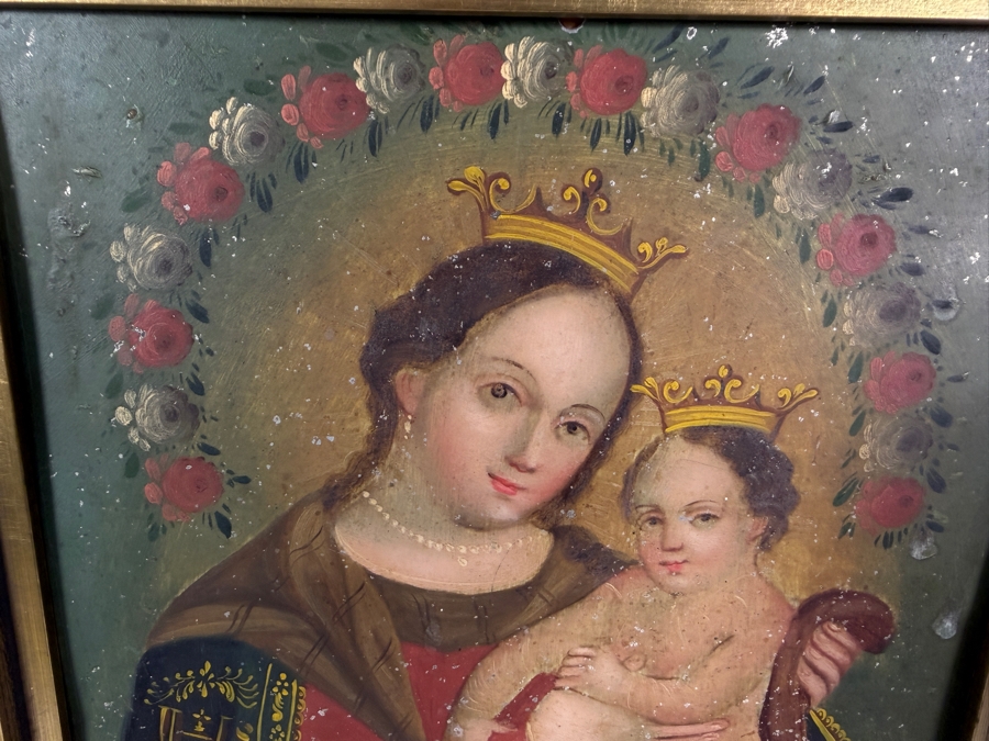 Antique 19th Century Original Mexican Retablo Painting On Tin Showing The Virgin Mary, Our Lady Of Refuge With The Christ Child 9.5 X 13.5 Framed 12.5 X 16.75 [Photo 7]