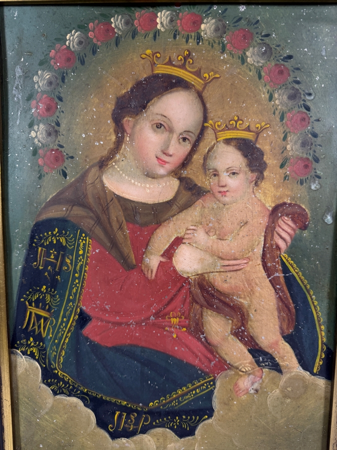 Antique 19th Century Original Mexican Retablo Painting On Tin Showing The Virgin Mary, Our Lady Of Refuge With The Christ Child 9.5 X 13.5 Framed 12.5 X 16.75 [Photo 3]