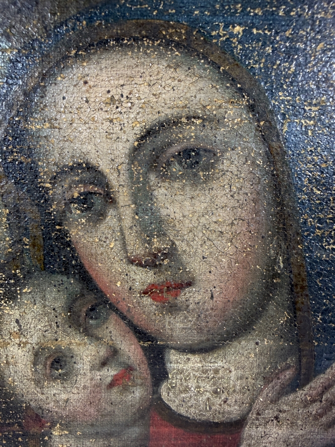 Antique 19th Century Original Mexican Retablo Painting On Canvas Showing The Virgin Mary, Our Lady Of Refuge With The Christ Child 12.75 X 16.75 [Photo 5]