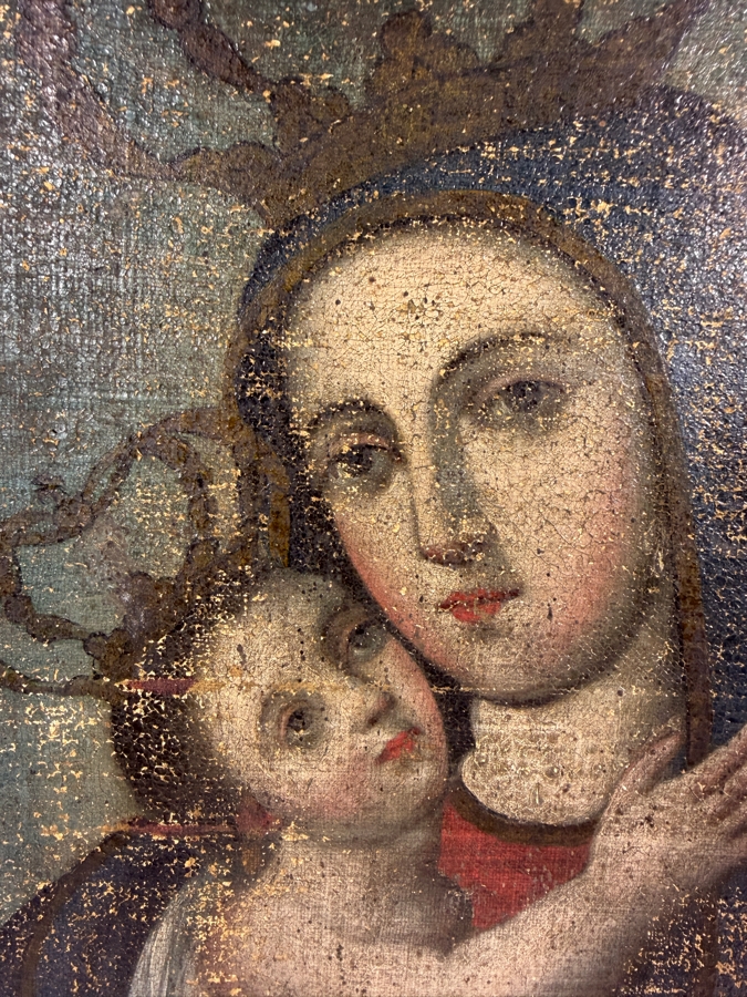 Antique 19th Century Original Mexican Retablo Painting On Canvas Showing The Virgin Mary, Our Lady Of Refuge With The Christ Child 12.75 X 16.75 [Photo 3]