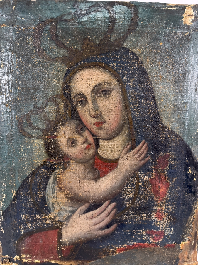 Antique 19th Century Original Mexican Retablo Painting On Canvas Showing The Virgin Mary, Our Lady Of Refuge With The Christ Child 12.75 X 16.75 [Photo 2]