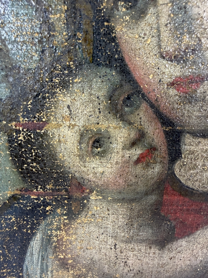 Antique 19th Century Original Mexican Retablo Painting On Canvas Showing The Virgin Mary, Our Lady Of Refuge With The Christ Child 12.75 X 16.75 [Photo 4]