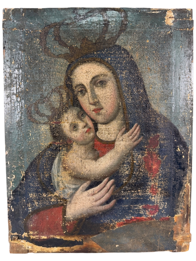 Antique 19th Century Original Mexican Retablo Painting On Canvas Showing The Virgin Mary, Our Lady Of Refuge With The Christ Child 12.75 X 16.75