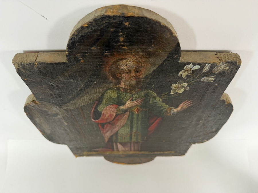 Antique 19th Century Original Mexican Retablo Painting On Canvas Showing Saint Joseph 14.25 X 18.5 [Photo 8]