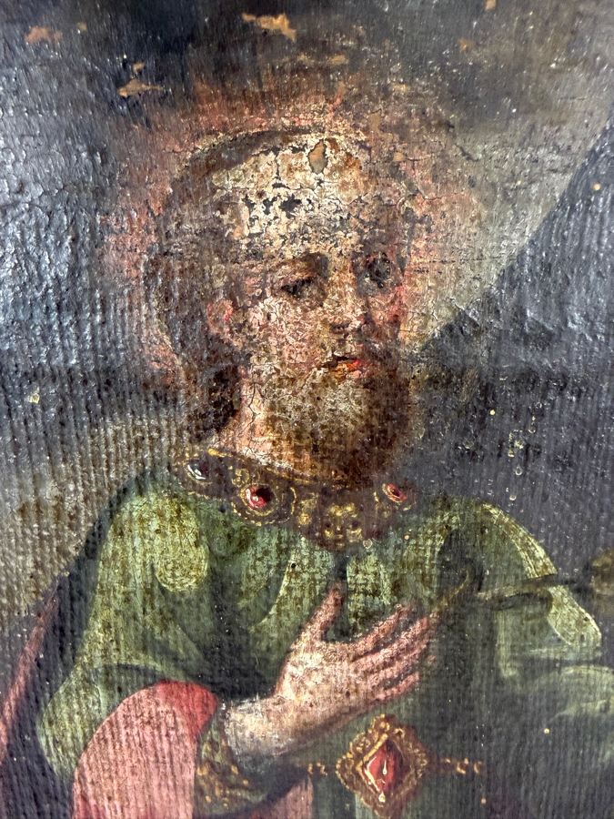 Antique 19th Century Original Mexican Retablo Painting On Canvas Showing Saint Joseph 14.25 X 18.5 [Photo 3]