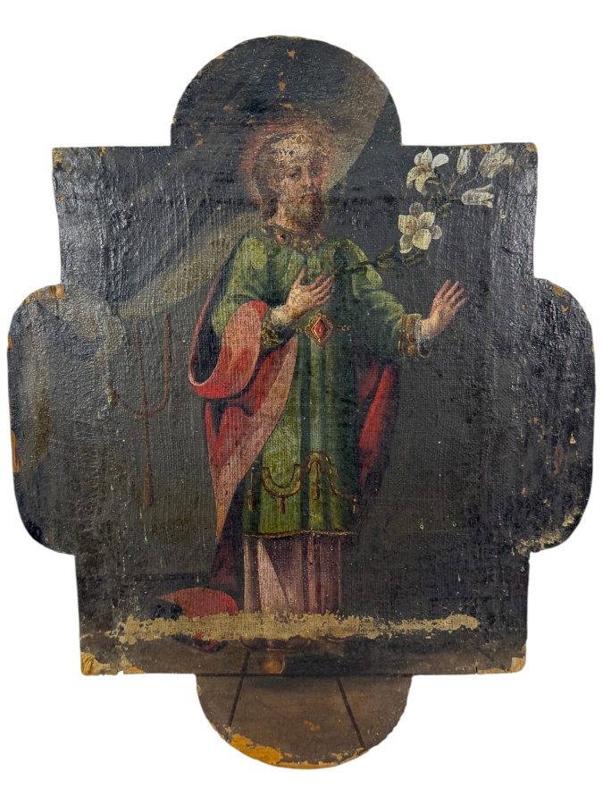 Antique 19th Century Original Mexican Retablo Painting On Canvas Showing Saint Joseph 14.25 X 18.5