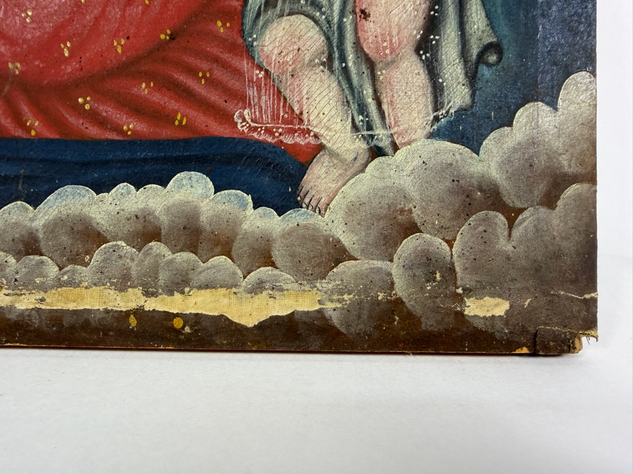 Antique 19th Century Original Mexican Retablo Painting On Canvas Showing The Virgin Mary, Our Lady Of Refuge Holding The Christ Child 12.25 X 17 [Photo 5]