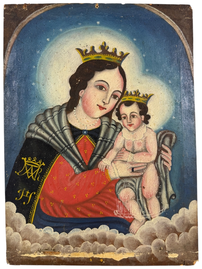 Antique 19th Century Original Mexican Retablo Painting On Canvas Showing The Virgin Mary, Our Lady Of Refuge Holding The Christ Child 12.25 X 17