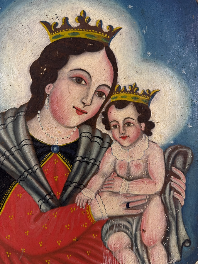 Antique 19th Century Original Mexican Retablo Painting On Canvas Showing The Virgin Mary, Our Lady Of Refuge Holding The Christ Child 12.25 X 17 [Photo 2]