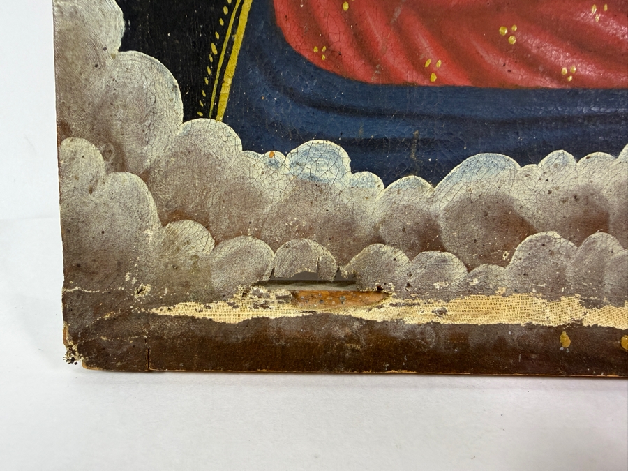 Antique 19th Century Original Mexican Retablo Painting On Canvas Showing The Virgin Mary, Our Lady Of Refuge Holding The Christ Child 12.25 X 17 [Photo 4]