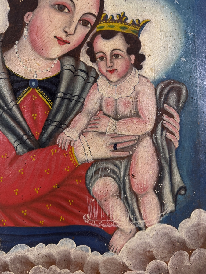 Antique 19th Century Original Mexican Retablo Painting On Canvas Showing The Virgin Mary, Our Lady Of Refuge Holding The Christ Child 12.25 X 17 [Photo 3]