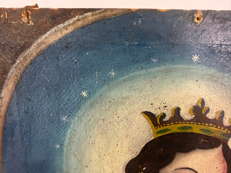 Antique 19th Century Original Mexican Retablo Painting On Canvas Showing The Virgin Mary, Our Lady Of Refuge Holding The Christ Child 12.25 X 17 [Photo 6]