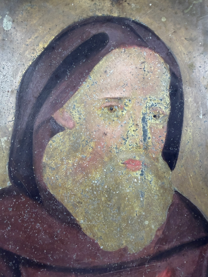 Antique 19th Century Original Mexican Retablo Painting On Tin Showing Saint Francis Of Paola With The Word Carida 'Love' 9.75 X 13.5 Framed 12.5 X 16.75 [Photo 4]