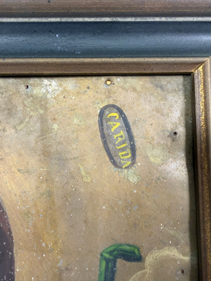 Antique 19th Century Original Mexican Retablo Painting On Tin Showing Saint Francis Of Paola With The Word Carida 'Love' 9.75 X 13.5 Framed 12.5 X 16.75 [Photo 7]