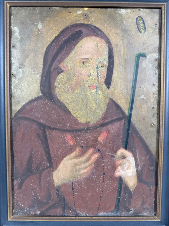 Antique 19th Century Original Mexican Retablo Painting On Tin Showing Saint Francis Of Paola With The Word Carida 'Love' 9.75 X 13.5 Framed 12.5 X 16.75 [Photo 2]