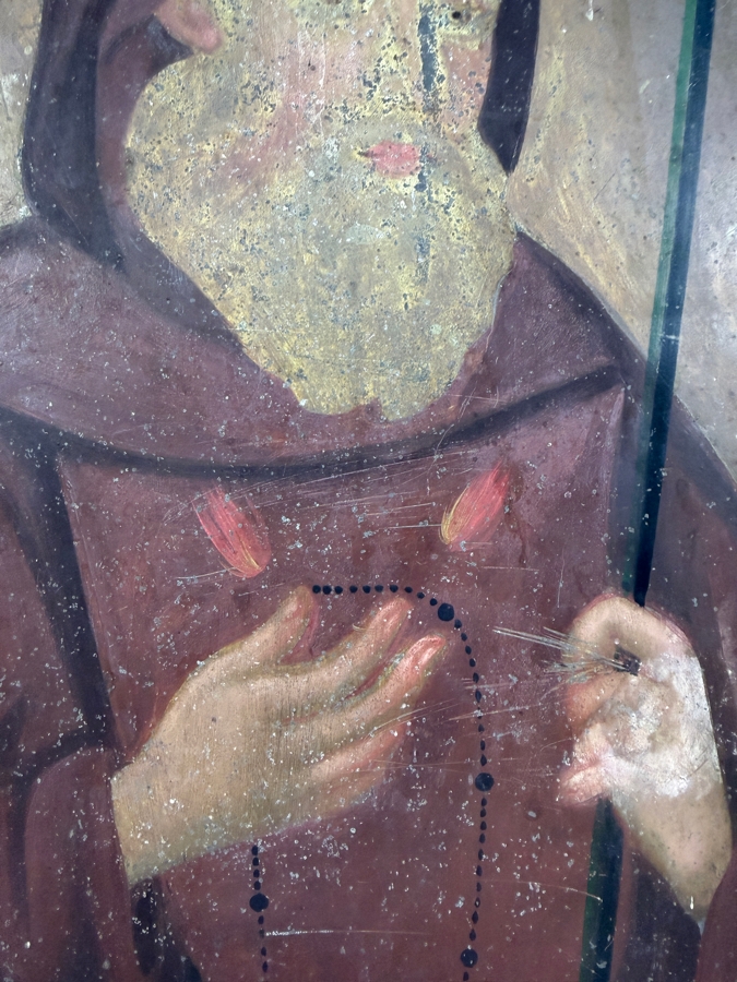 Antique 19th Century Original Mexican Retablo Painting On Tin Showing Saint Francis Of Paola With The Word Carida 'Love' 9.75 X 13.5 Framed 12.5 X 16.75 [Photo 5]