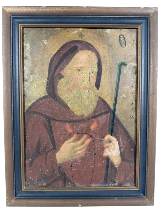 Antique 19th Century Original Mexican Retablo Painting On Tin Showing Saint Francis Of Paola With The Word Carida 'Love' 9.75 X 13.5 Framed 12.5 X 16.75