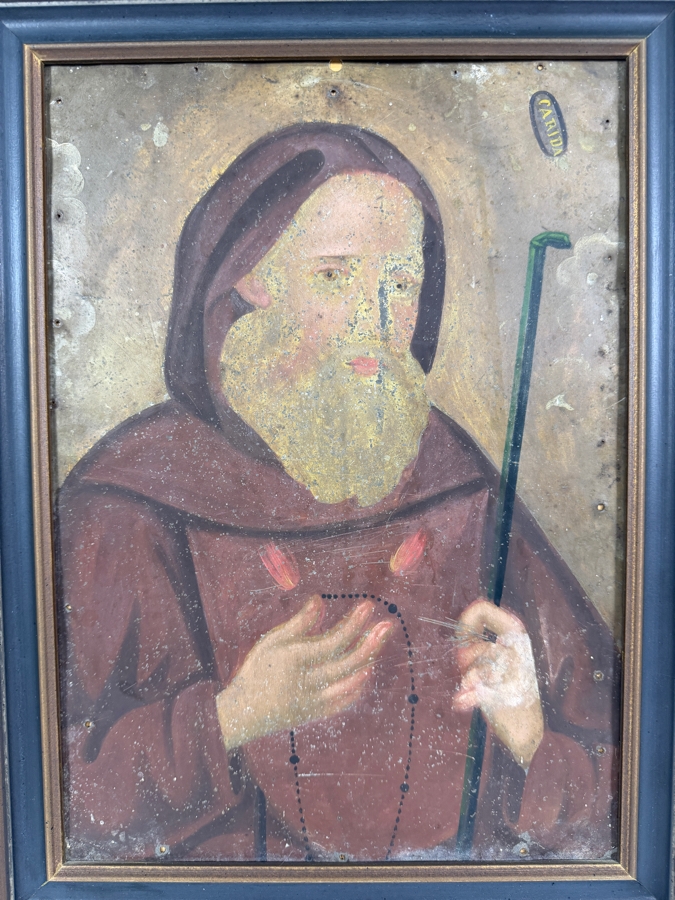 Antique 19th Century Original Mexican Retablo Painting On Tin Showing Saint Francis Of Paola With The Word Carida 'Love' 9.75 X 13.5 Framed 12.5 X 16.75 [Photo 3]